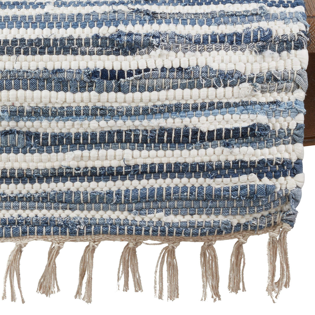 Rag Table Runner with Tassels Denim Blue White Striped Cotton Rags Fringed