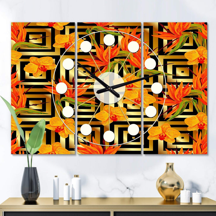 Tropcal Gold Luxury Pattern I' Overszed Md-Century Wall Clock 3 Panels 36