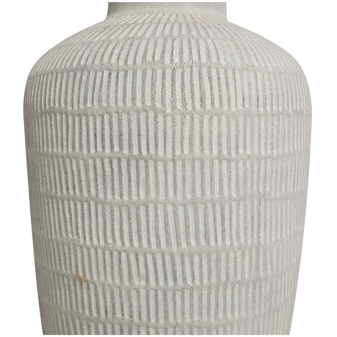 Cream Ceramic Textured Vase with Linear Pattern Off/White