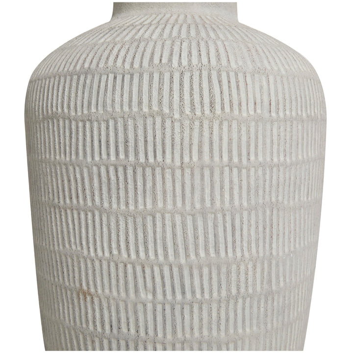 Cream Ceramic Textured Vase with Linear Pattern Off/White