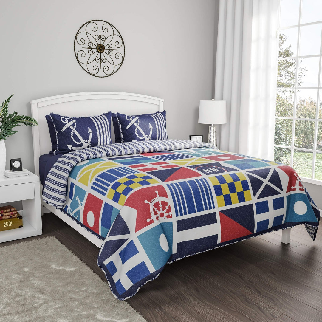 3 Piece Blue Red Beach Theme Full Queen Quilt Set Yellow White Tropical