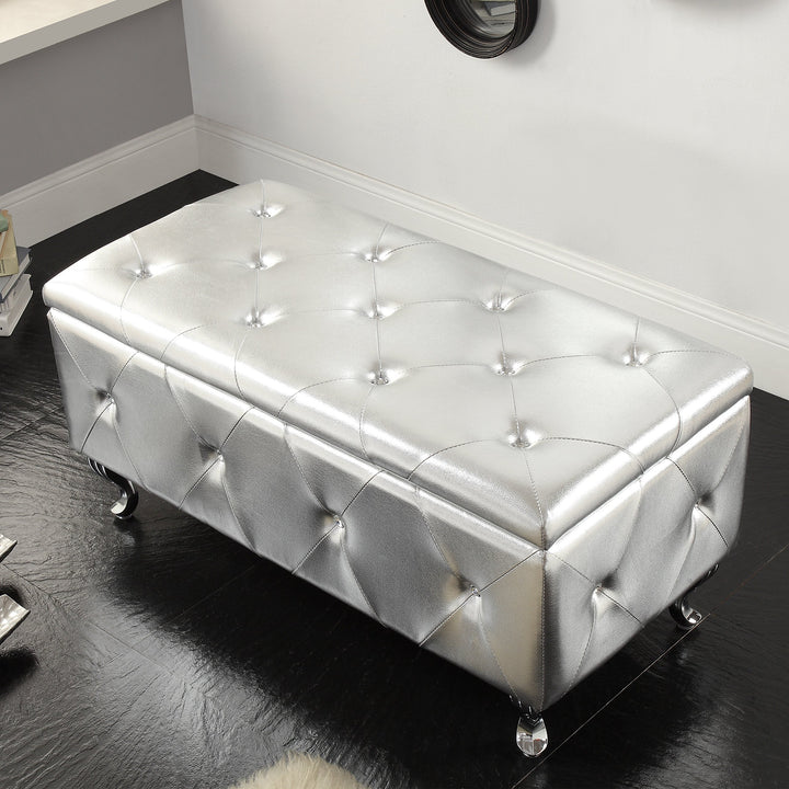 AC Pacific Glam Storage Ottoman Bench for Bedroom Living Room Entryway Bonded Leather