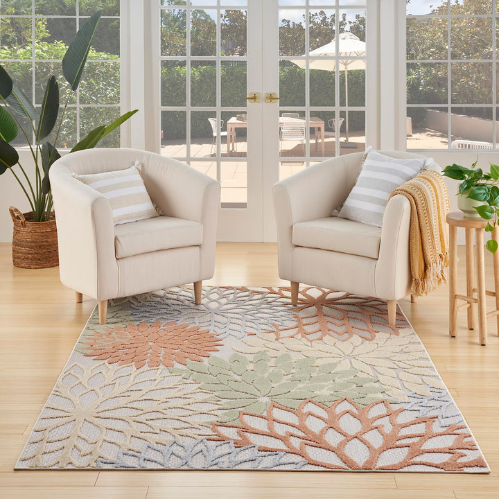 Nourison Aloha Indoor-Outdoor Ivory Multicolor 5'3" x 7'5" Area Rug Easy 5'3" x 7'5" - Ivory/Multicolor