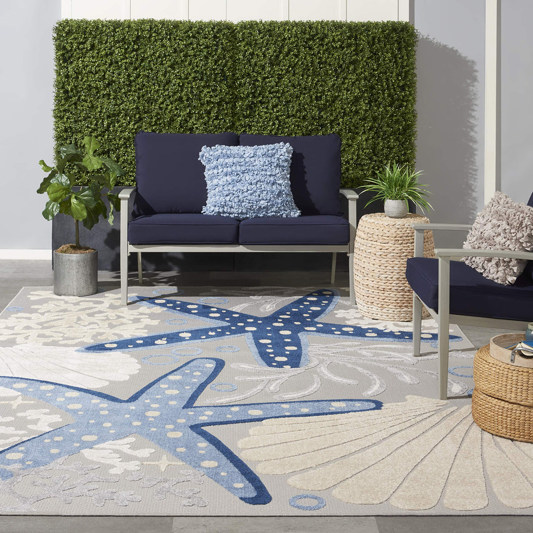 Nourison Aloha Indoor/Outdoor Blue/Grey 7'10" x 10'6" Area Rug Coastal 7'10" x 10'6" - Blue/Grey