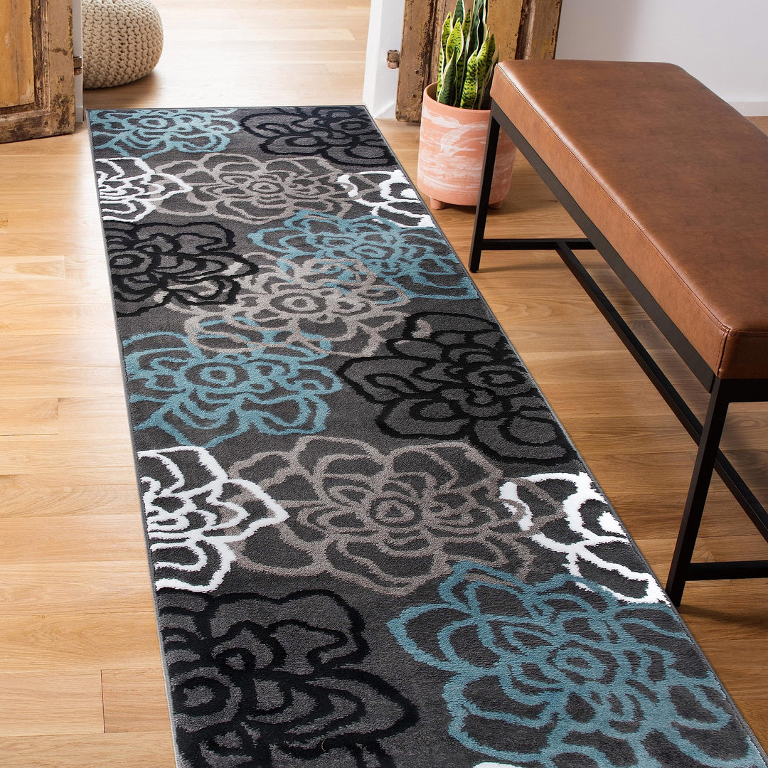 Rugshop Contemporary Modern Floral Abstract Flowers Easy Maintenance for Home 2' x 7'2" Runner - Dark Grey