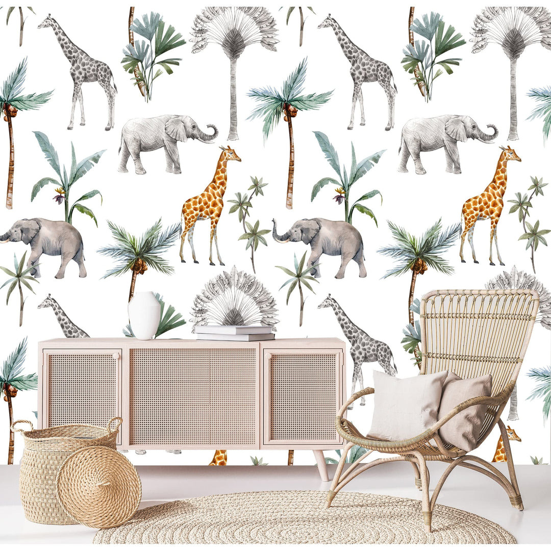 Safari Animals and Palms Removable Wallpaper 24'' Inch X 10'ft Black Grey