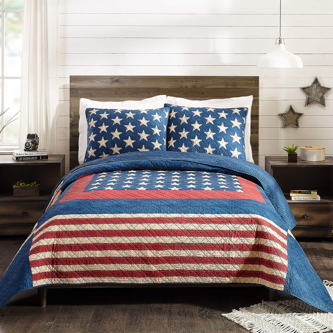 MODERN HEIRLOOM Americana Patch Quilt with 2 Shams 3-Piece Reversible All King - Cal King