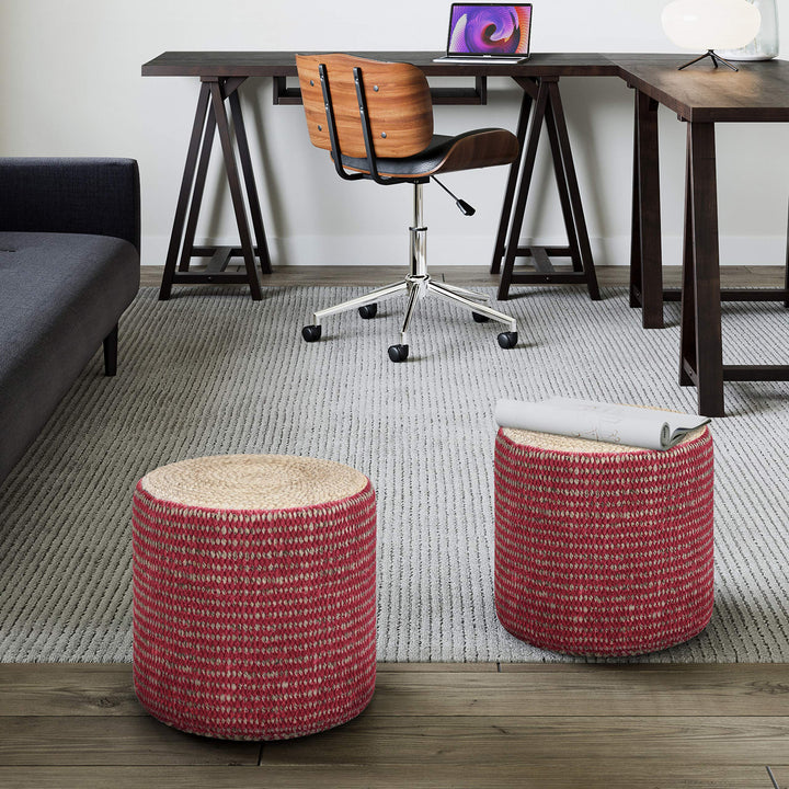 SIMPLIHOME Larissa Round Pouf Footstool Upholstered in Natural and Maroon Hand