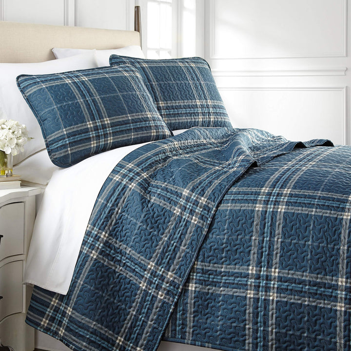 3 Piece Blue Grey Plaid Quilt King/Cal King Set Plaids Bedding Classic Blue Plaid - King - Cal King