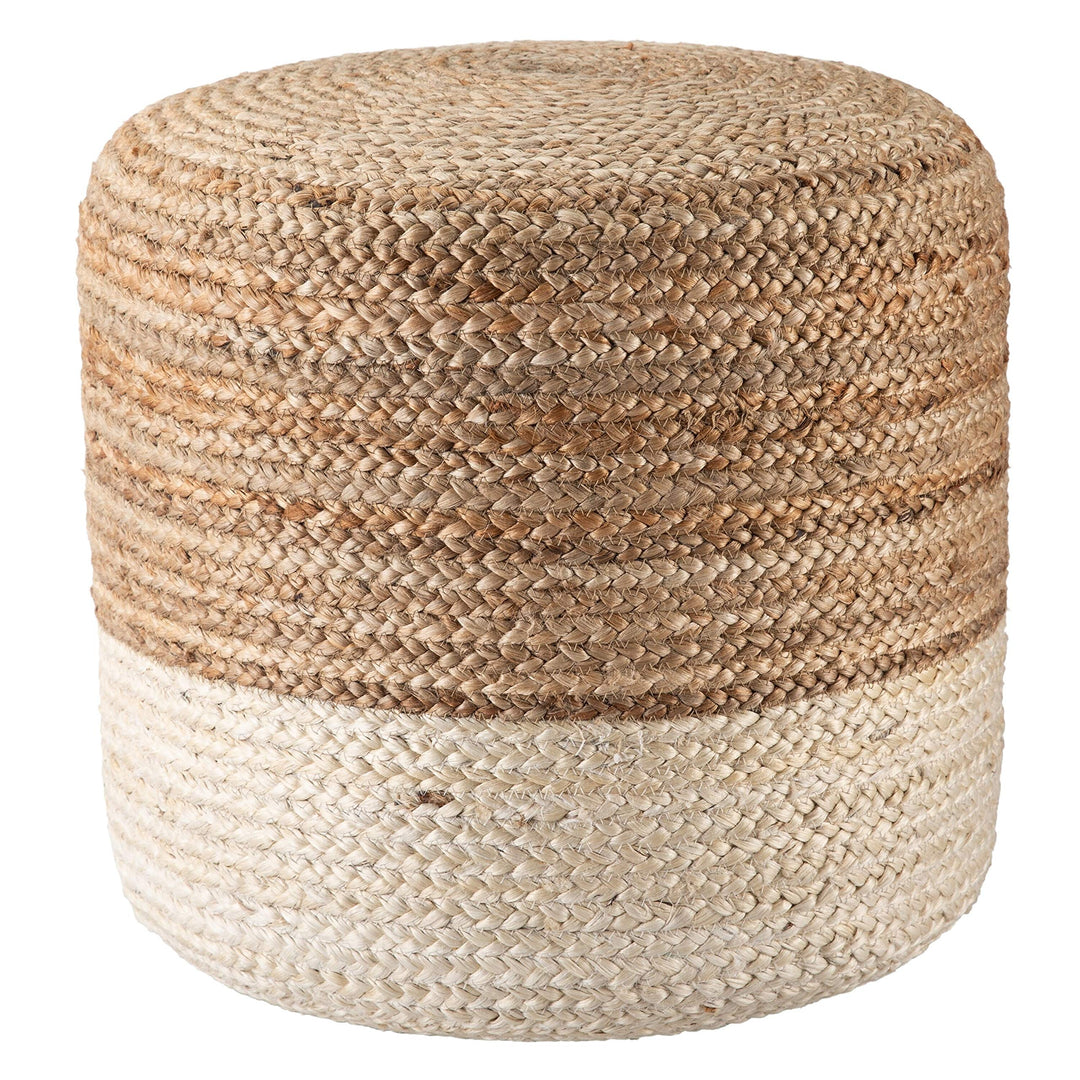 Ombre White/Beige Cylinder Pouf White Stripe Global Nautical Coastal Jute Single