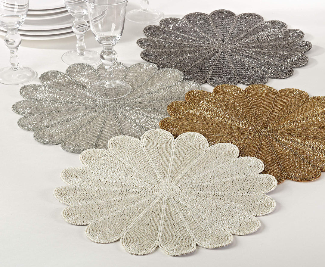 SARO LIFESTYLE Pewter Flower Design Beaded Placemat - 15" Round 4 Ct.