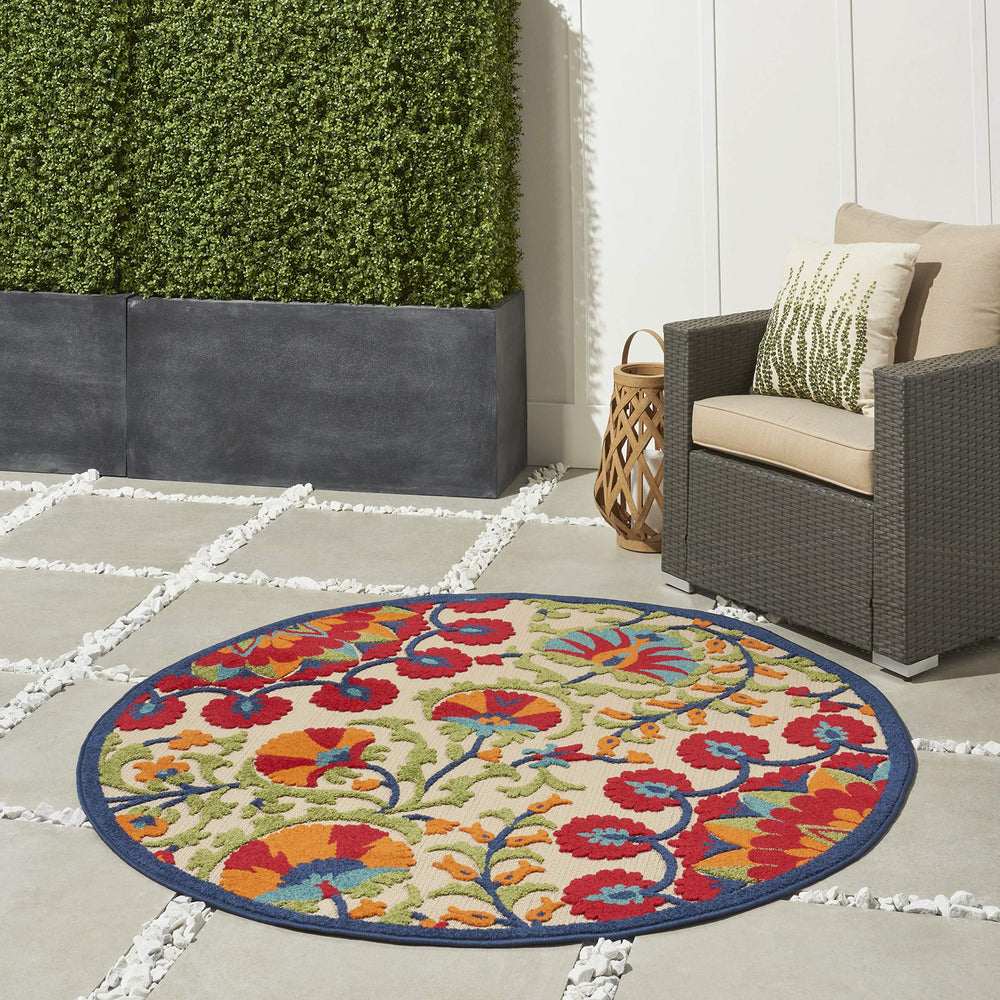 Nourison Aloha Indoor/Outdoor Red/Multi 5'3" x Round Area Rug Easy Cleaning 5'3" Round - Red/Multi