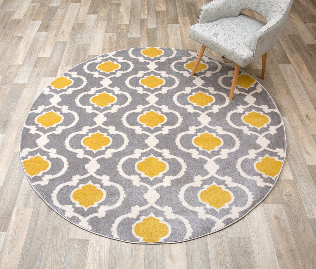 Moroccan Trellis Contemporary Indoor Round Area Rug 6'6" Gray/Yellow (6' 6" 6'6" Round - Gray/Yellow