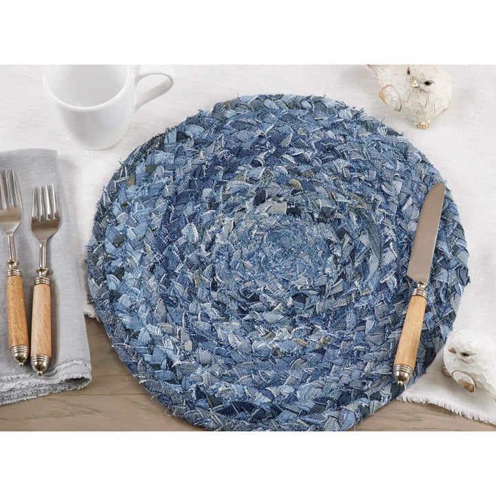 Placemats with Denim Design (Set of 4) Blue Round Cotton