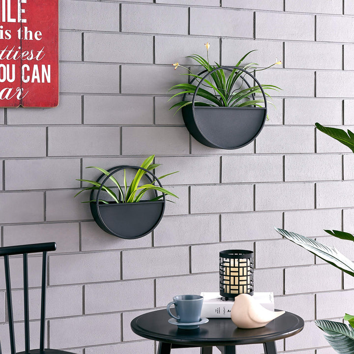 Round 2-Piece Iron Wall Planter Set Black Metal