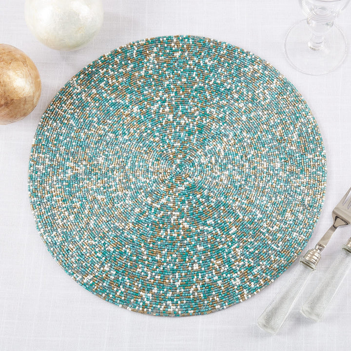 Beaded Design Table Placemats (Set of 4) 15" Blue Round