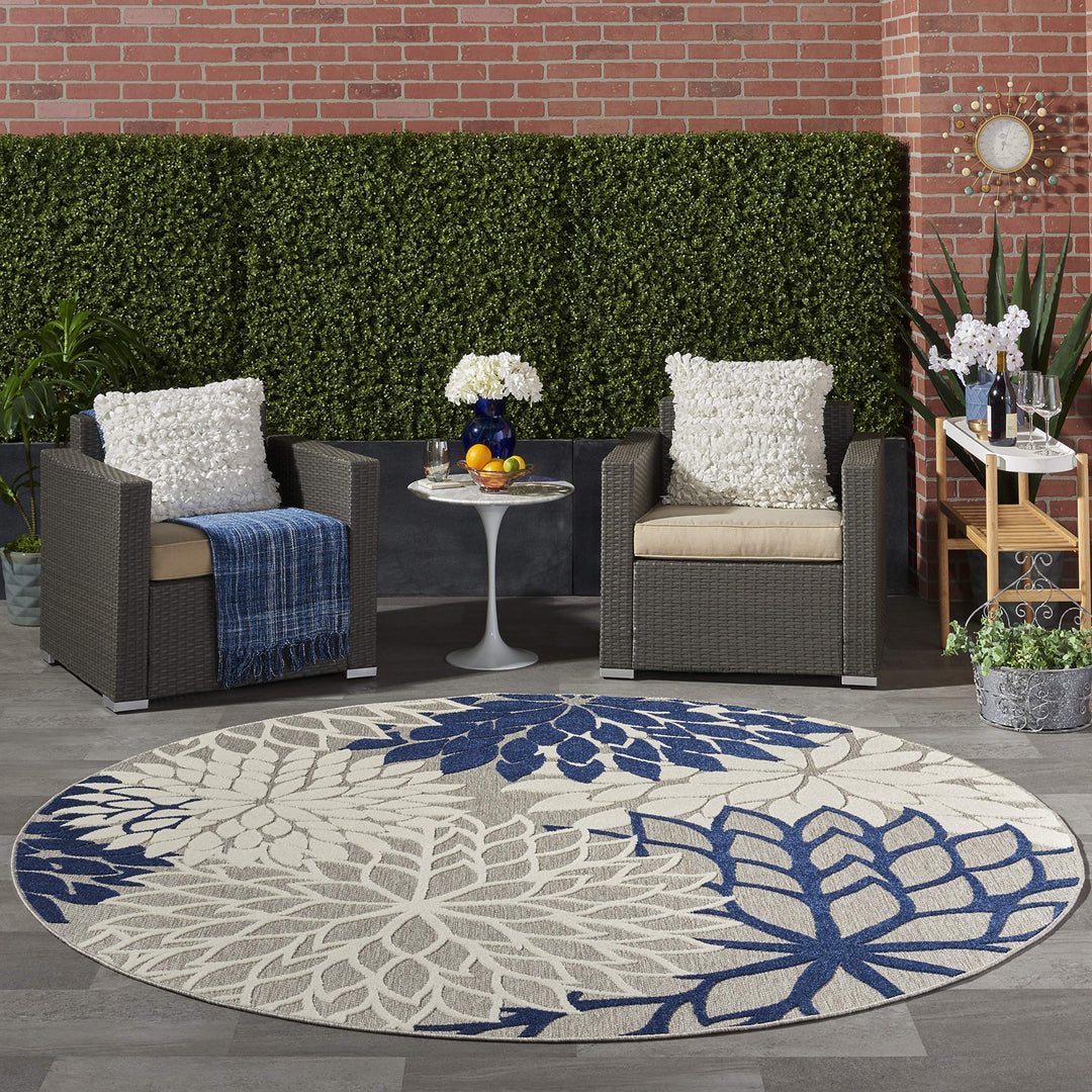 Nourison Aloha Indoor/Outdoor Floral Ivory/Navy 7'10" x Area Rug (8' 7'10" x Round - Ivory/Navy Blue