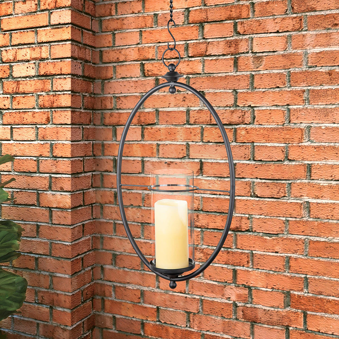 Oval Wrought Iron Glass Hanging Hurricane Sconce for Wall Or Ceiling Black