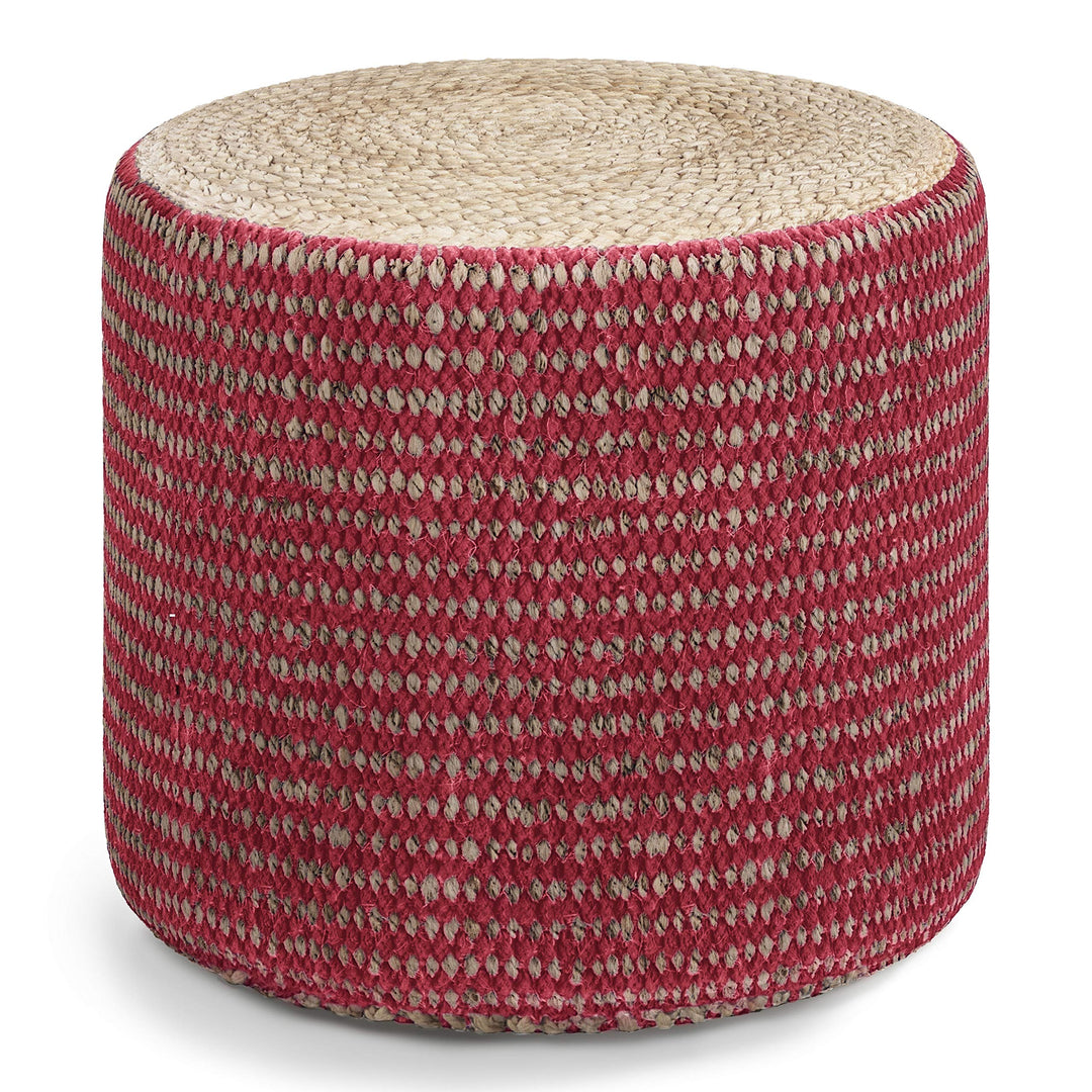 SIMPLIHOME Larissa Round Pouf Footstool Upholstered in Natural and Maroon Hand