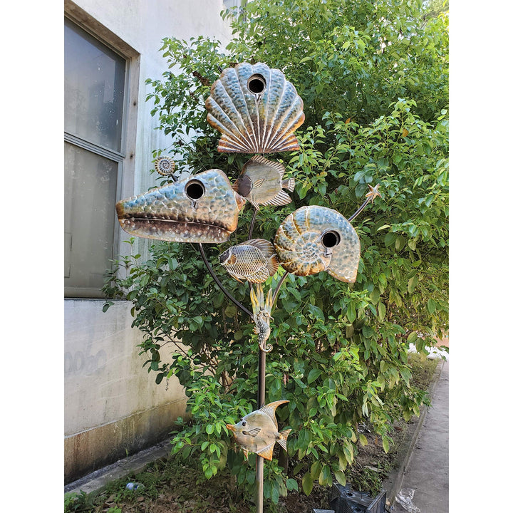 Coastal Style Birdhouse Stake - Seashells Grey Iron