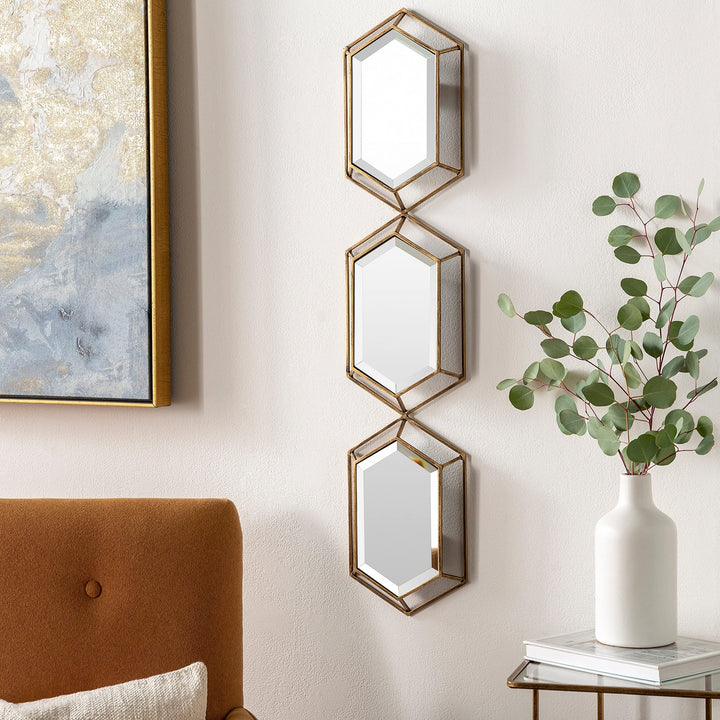 Traditional Hexagon Beveled Mirror 36 inches h X 8 inches w Gold Glass Medium