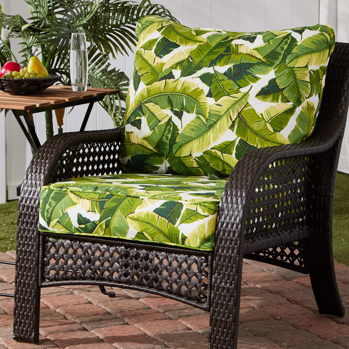 Palm Leaves White Outdoor 25-inch X 47-inch Deep Seat Cushion Set Green Tropical