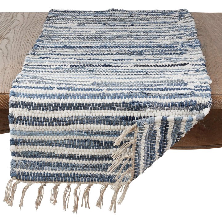 Rag Table Runner with Tassels Denim Blue White Striped Cotton Rags Fringed