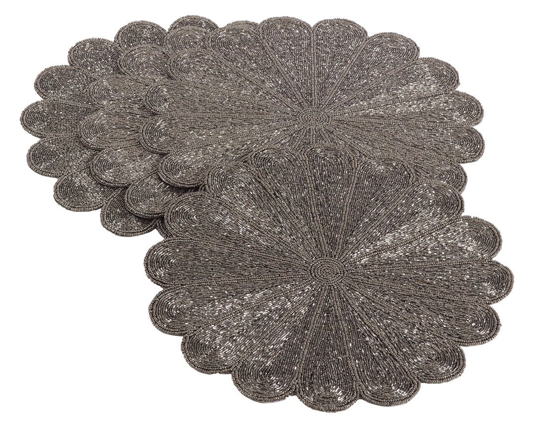 SARO LIFESTYLE Pewter Flower Design Beaded Placemat - 15" Round 4 Ct. Pewter - Set of 4