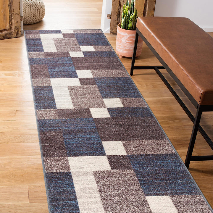 Rugshop Modern Boxes Design Non-Slip (Non-Skid) Runner Rug 2' x 10' Blue 2' x 10' Runner - Blue