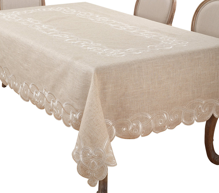 SARO LIFESTYLE Embroidered Scallop Design Linen Blend Tablecloth 67" x 104" All Seasons - 67" x 104" - Tablecloths - Rectangle