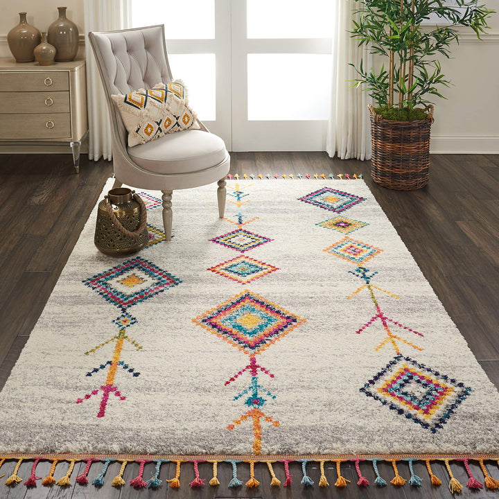 Nourison MCB04 Moroccan Casbah Plush Tribal Cream/Grey Shag Area Rug 5'3" x 7'9" 5'3" x 7'9" - Cream/Grey