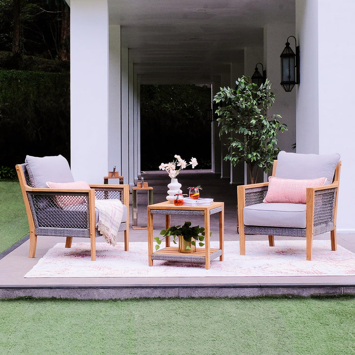 Teak Patio Side Table with Shelf Natural Modern Contemporary Square Wood