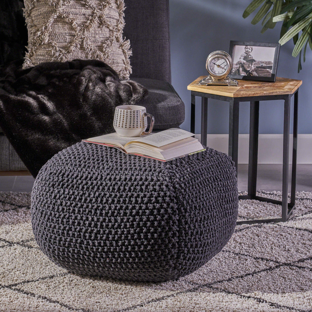 Christopher Knight Home Joyce Knitted Cotton Square Pouf Dark Grey Small