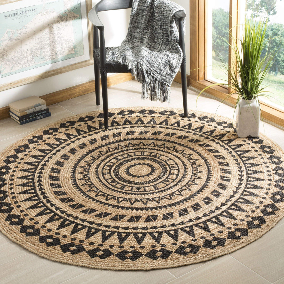 Black Jute Rug 3x3 Ft Natural Sisal Rug Seagrass Mat Geometric Carpet Round 3' x 3' Round - Black/Natural