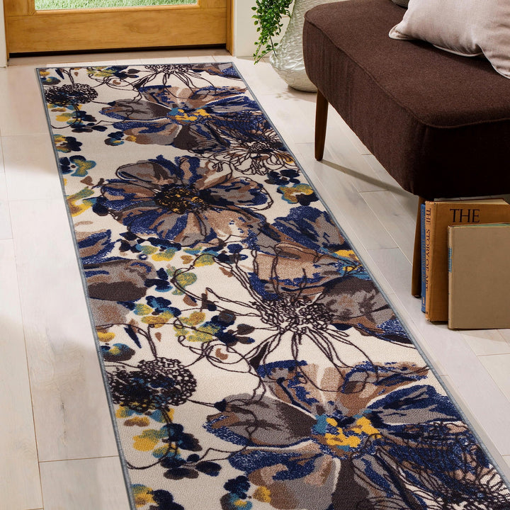 Rugshop Modern Bright Flowers Non-Slip (Non-Skid) Runner Rug 2' x 10' Cream 2' x 10' Runner - Cream