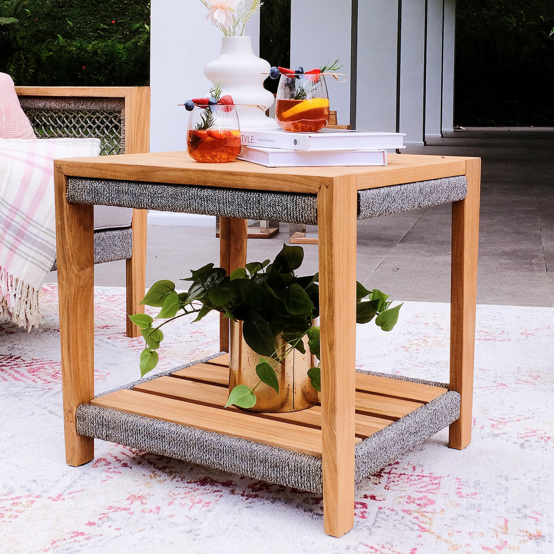 Teak Patio Side Table with Shelf Natural Modern Contemporary Square Wood