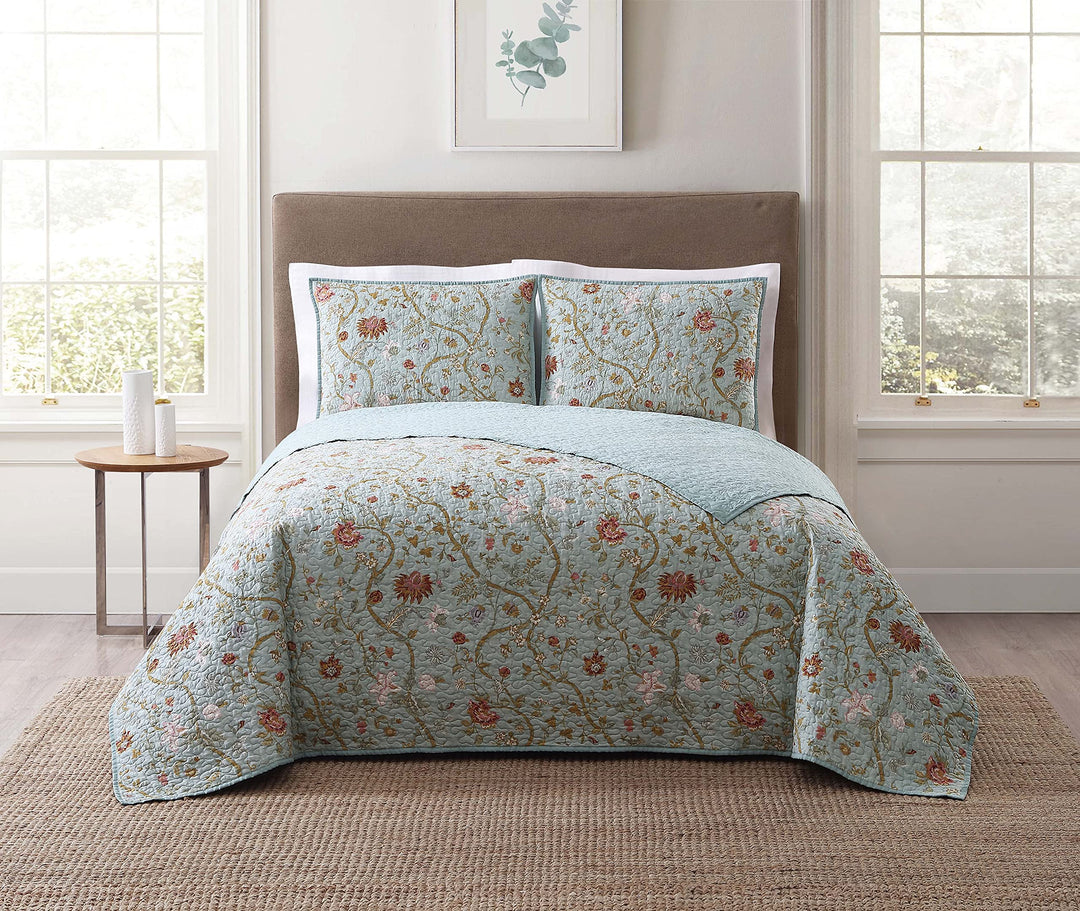 Style 212 - King Quilt and Sham Set - Classic Floral Scroll Print - Bedford King - Blue