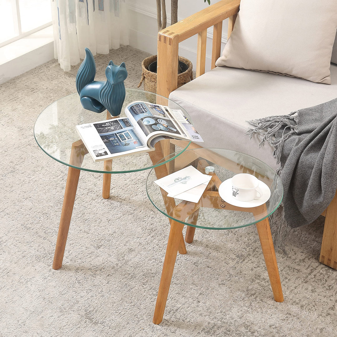 Round Wood/Tempered Glass Nesting Coffee Table (Set of 2) Natural Modern