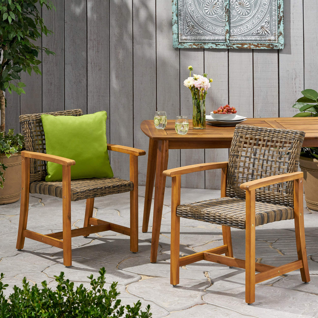 GDFStudio Outdoor Acacia Wood and Wicker Dining Chair (Set of 2) Natural and