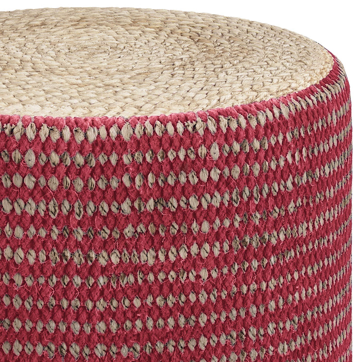 SIMPLIHOME Larissa Round Pouf Footstool Upholstered in Natural and Maroon Hand