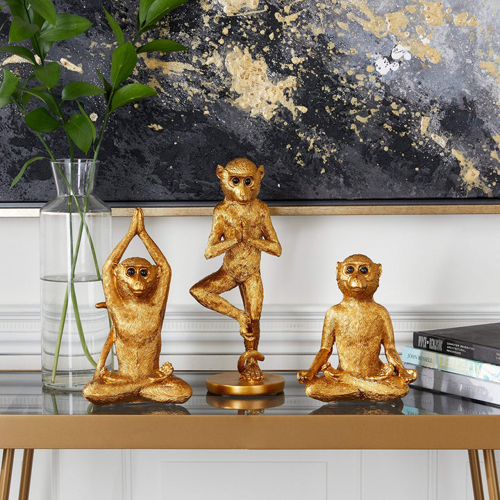 Metallic Gold Monkey Sculptures Set of 3 4 X 11 Resin