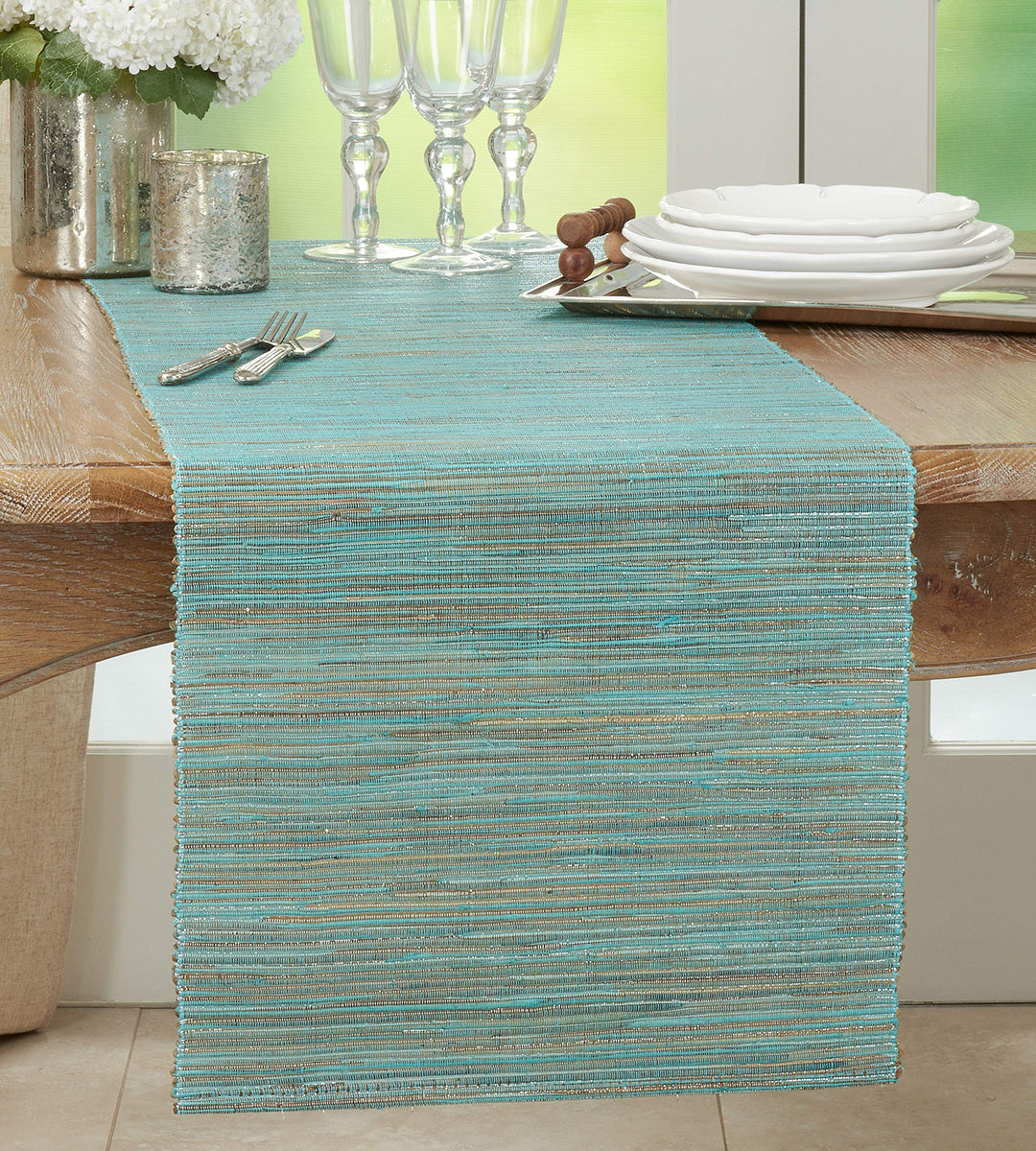 Nubby Table Runner With Shimmering Woven Design