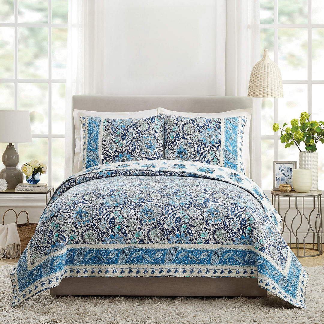 Dena Home Bisou Floral Quilt Set King Blue