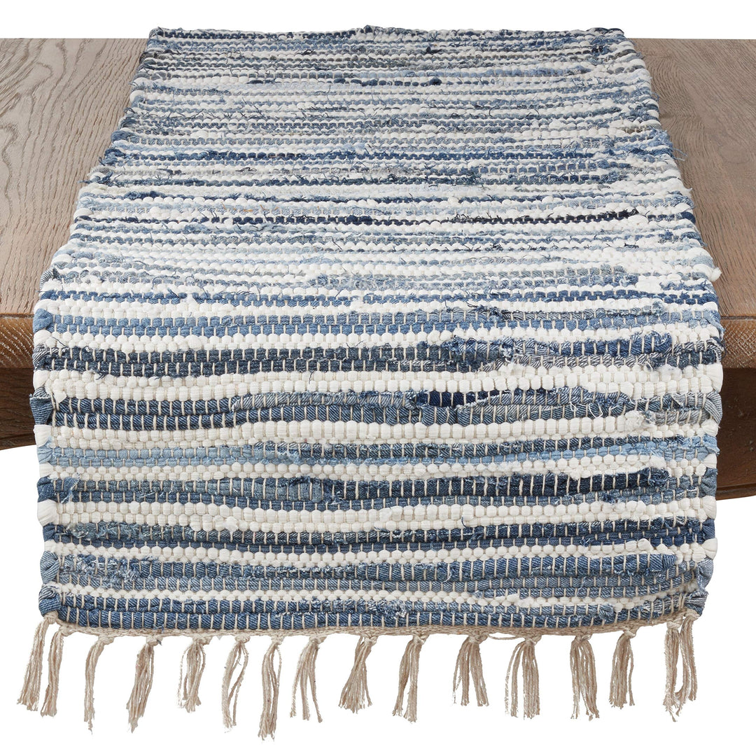 Rag Table Runner with Tassels Denim Blue White Striped Cotton Rags Fringed