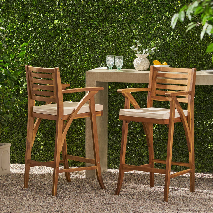 Christopher Knight Home Hermosa Acacia Wood Outdoor Barstools 2-Pcs Set Teak Brown+Cream