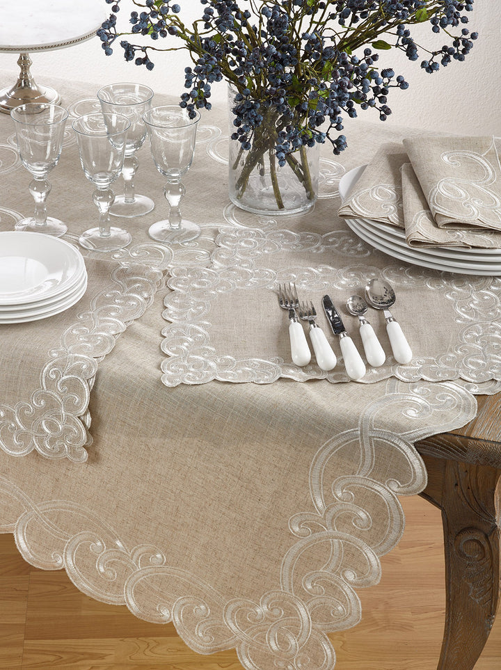 SARO LIFESTYLE Embroidered Scallop Design Linen Blend Tablecloth 67" x 104"