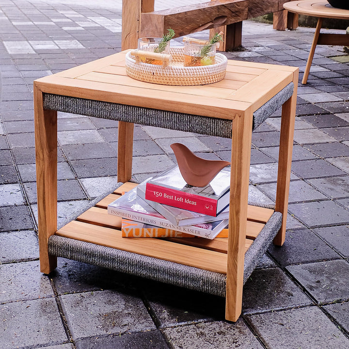 Teak Patio Side Table with Shelf Natural Modern Contemporary Square Wood