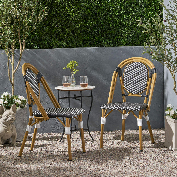 Christopher Knight Home lyn Outdoor French Bistro Chairs (Set of 2) Black + White + Bamboo Print Finish