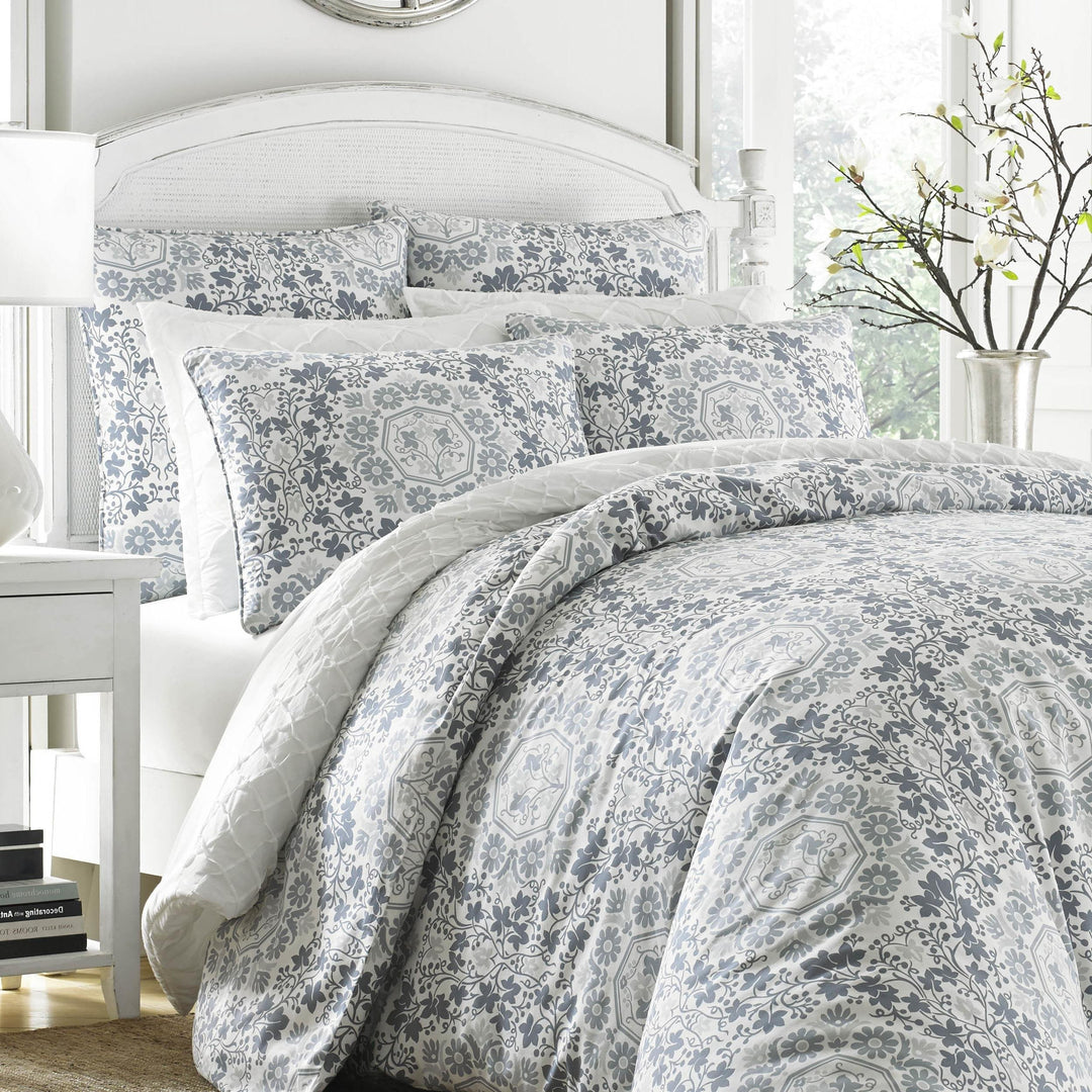 3 Piece Blue Grey Floral King Size Duvet Cover Set Beautiful Geometrical - Diamond Home USA