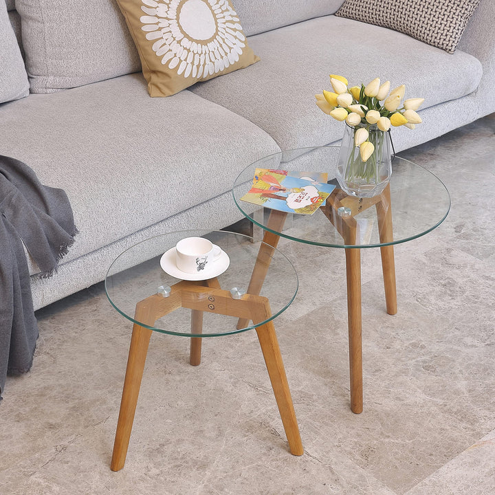 Round Wood/Tempered Glass Nesting Coffee Table (Set of 2) Natural Modern